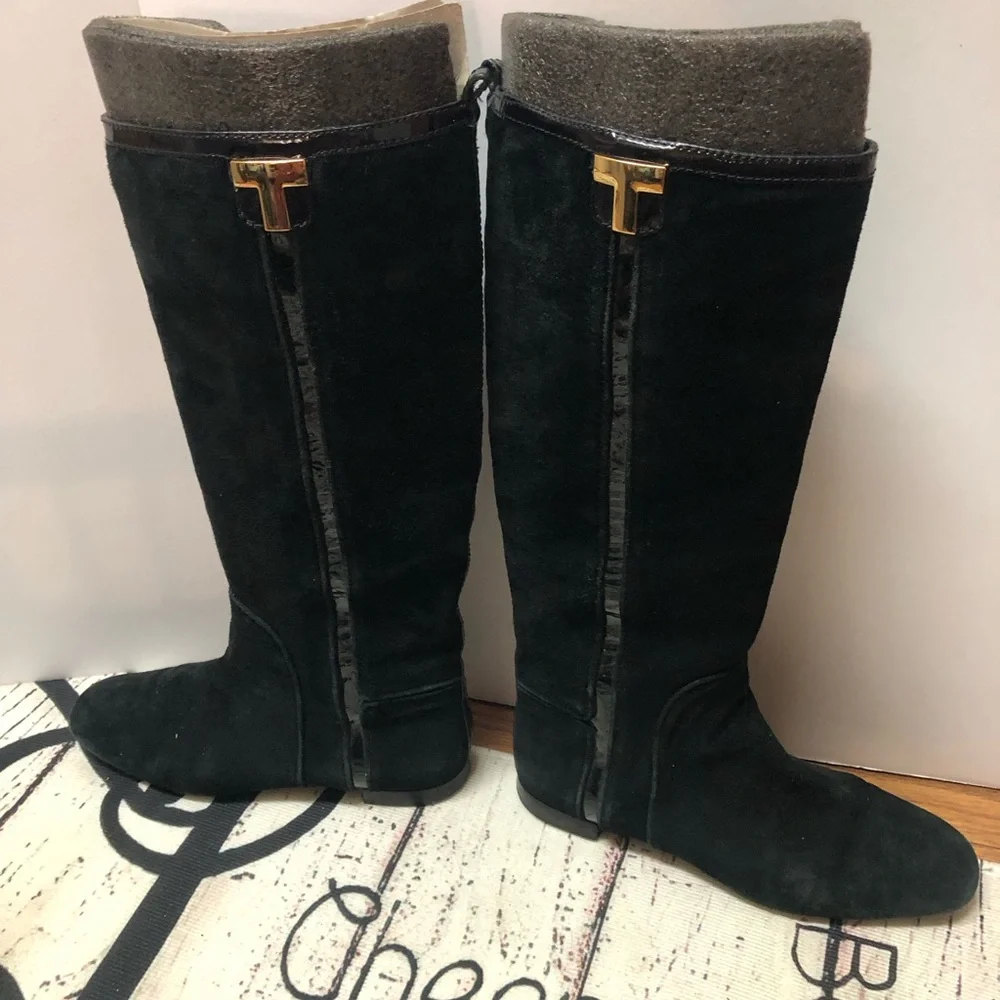 Tory Burch Black Suede and Patent Leather Knee High Boots Size 7.5